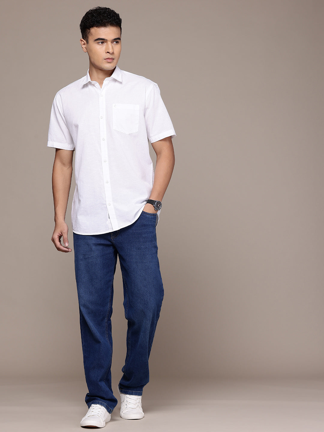 White Half Sleeve Cotton Linen Shirt