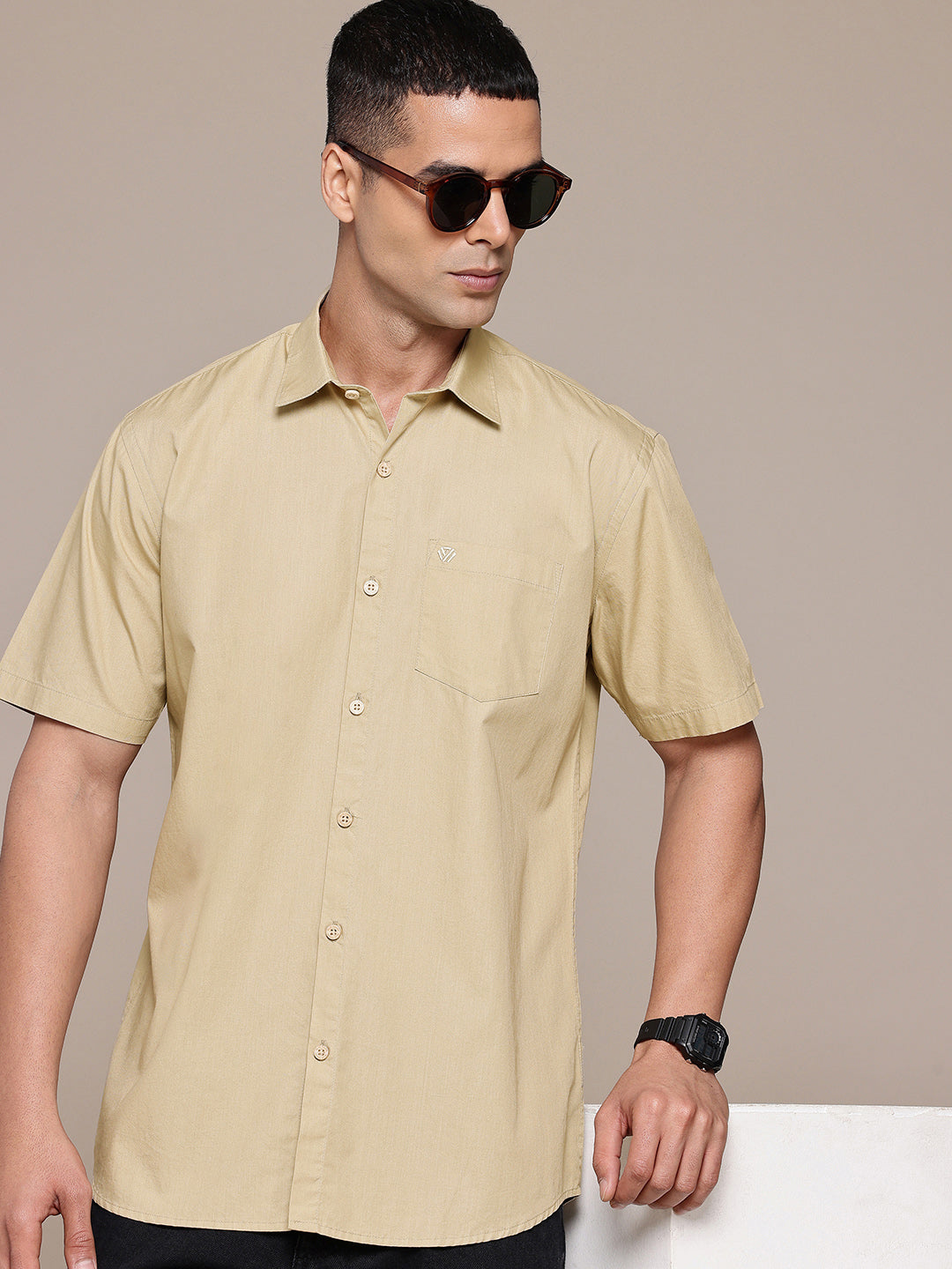 Beige Half Sleeve Pure Cotton Shirt