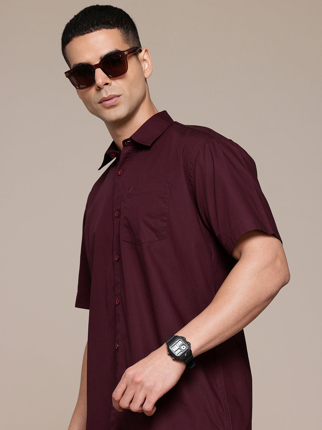 Burgundy Half Sleeve Pure Cotton Shirt