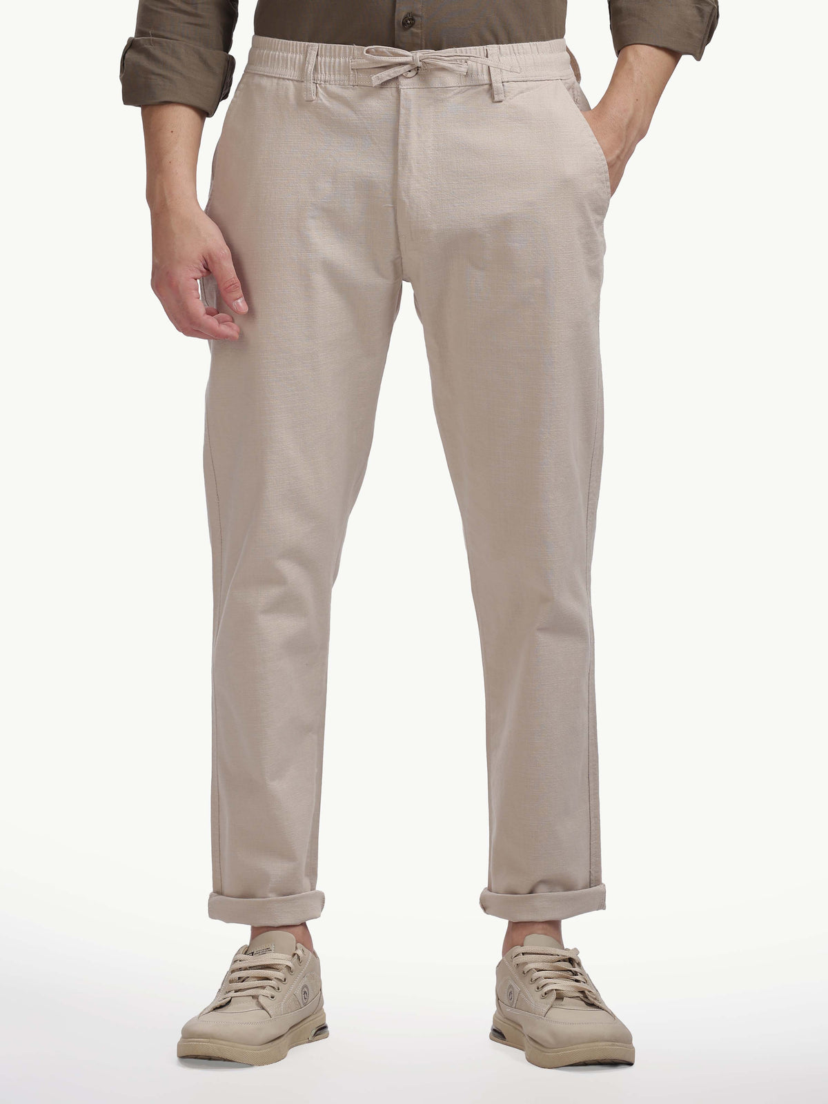 Beige Cotton Linen Straight Fit Trouser