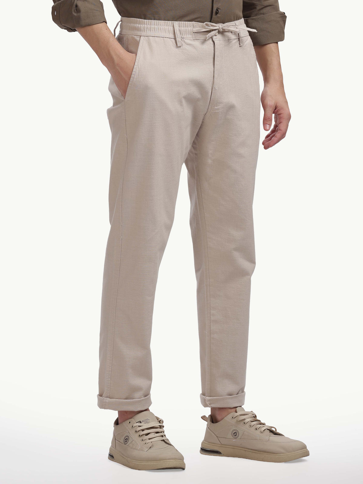 Beige Cotton Linen Straight Fit Trouser