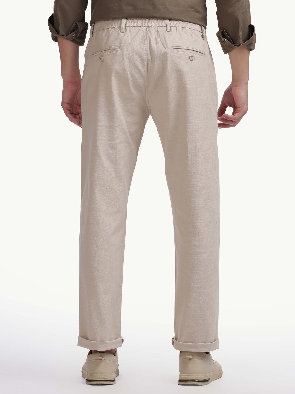 Beige Cotton Linen Straight Fit Trouser