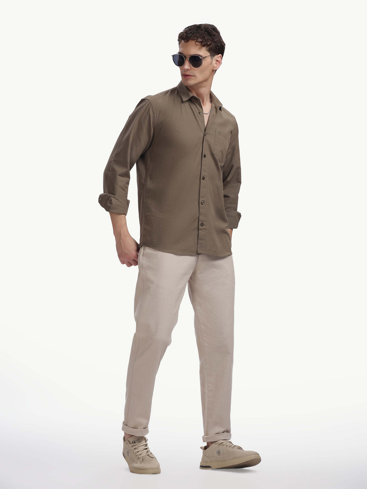 Beige Cotton Linen Straight Fit Trouser