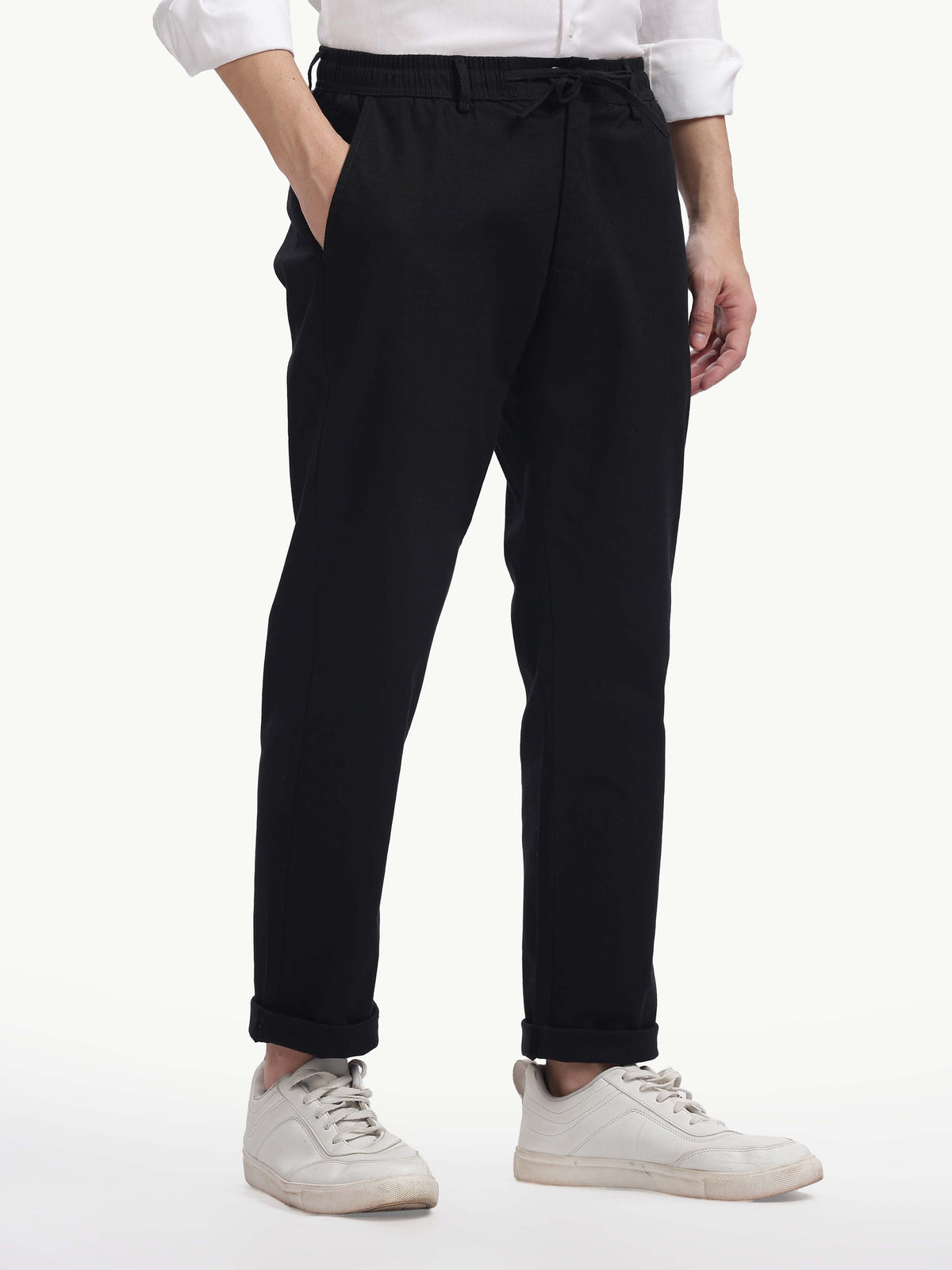 Black Cotton Linen Straight Fit Trouser