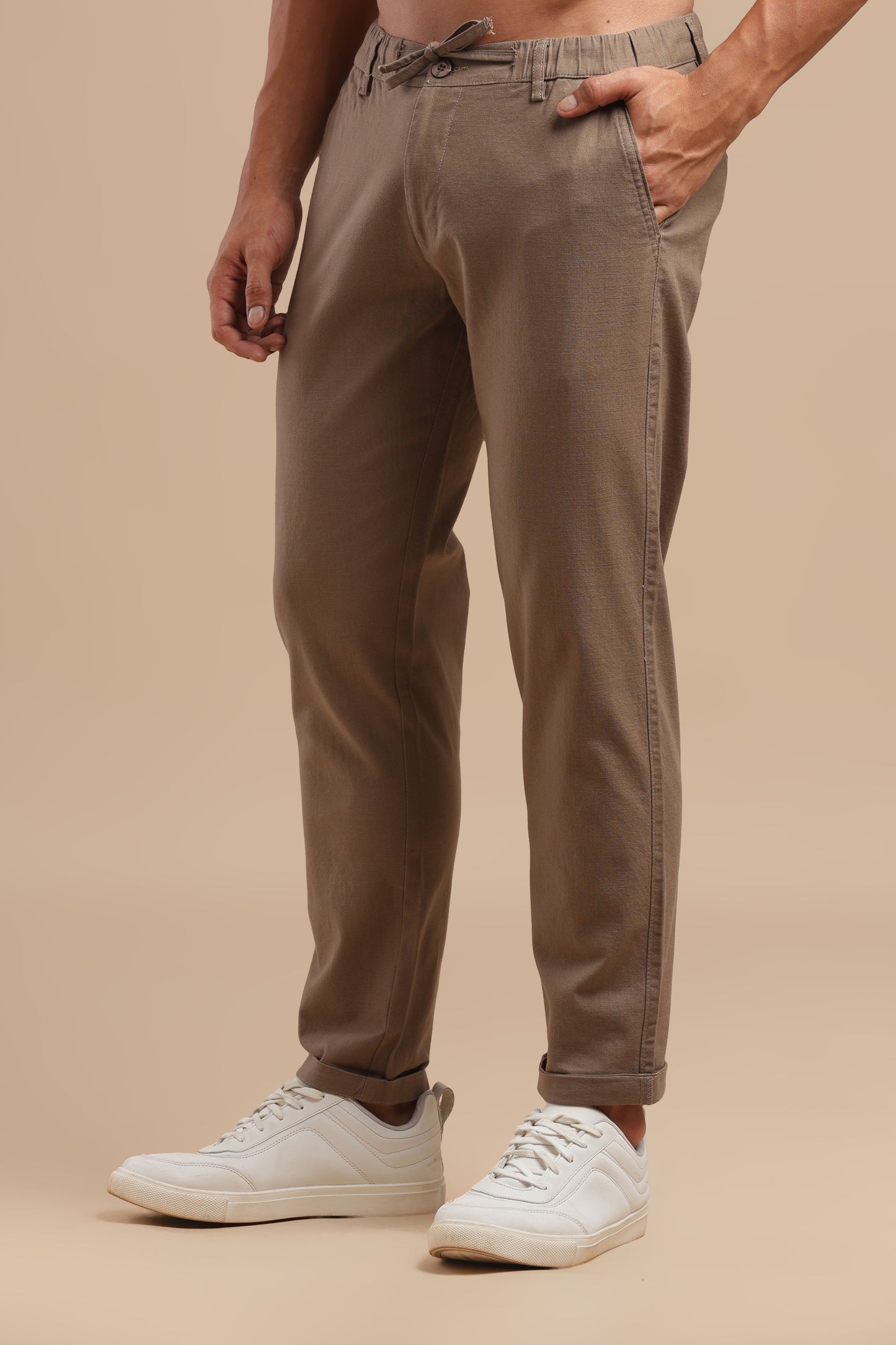 Brown Cotton Linen Straight Fit Trouser