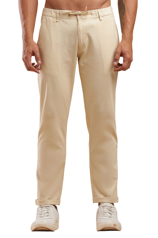 Cream Cotton Linen Straight Fit Trouser