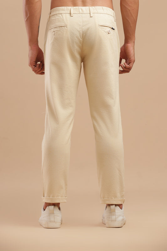 Cream Cotton Linen Straight Fit Trouser