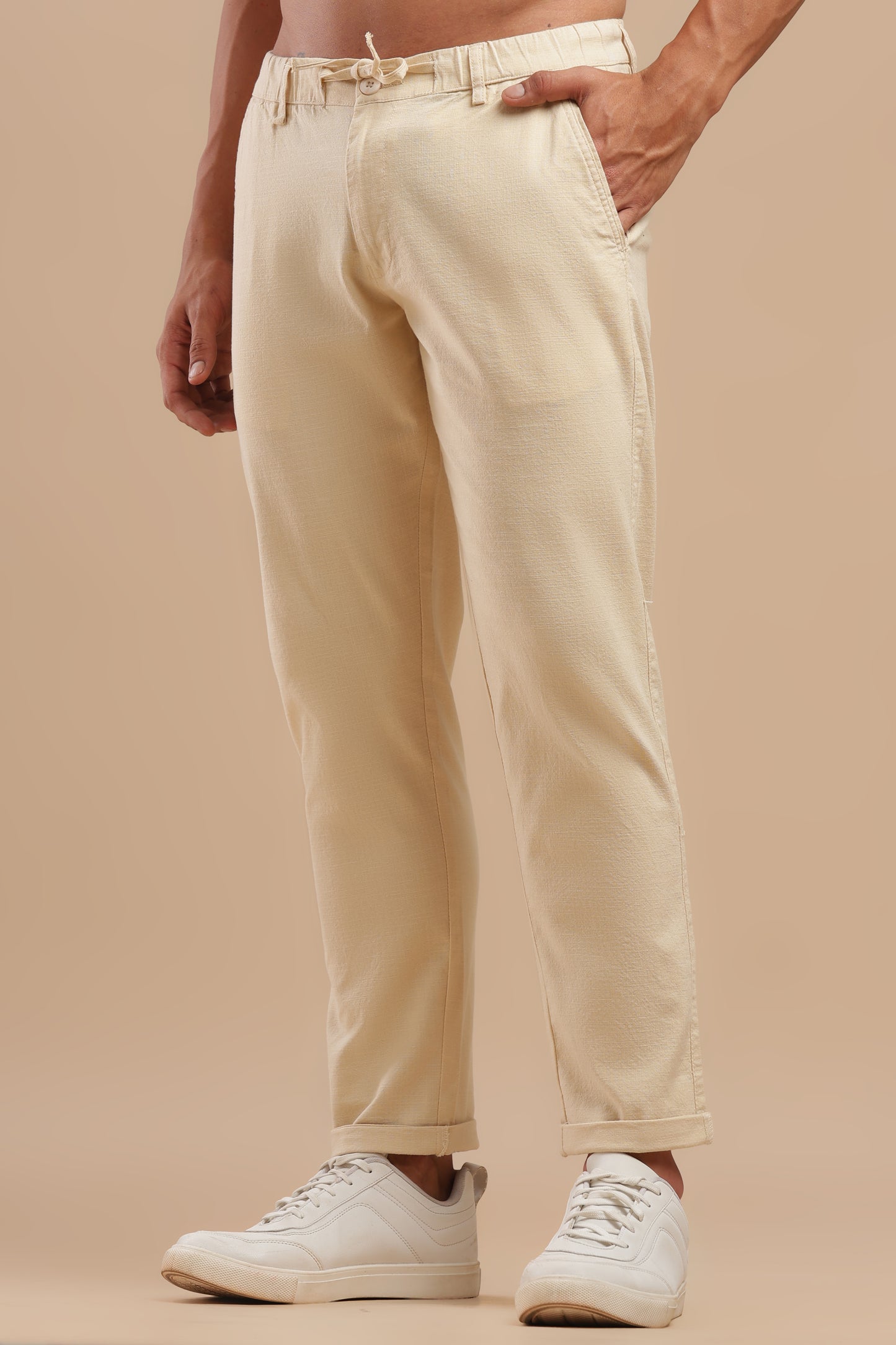 Cream Cotton Linen Straight Fit Trouser