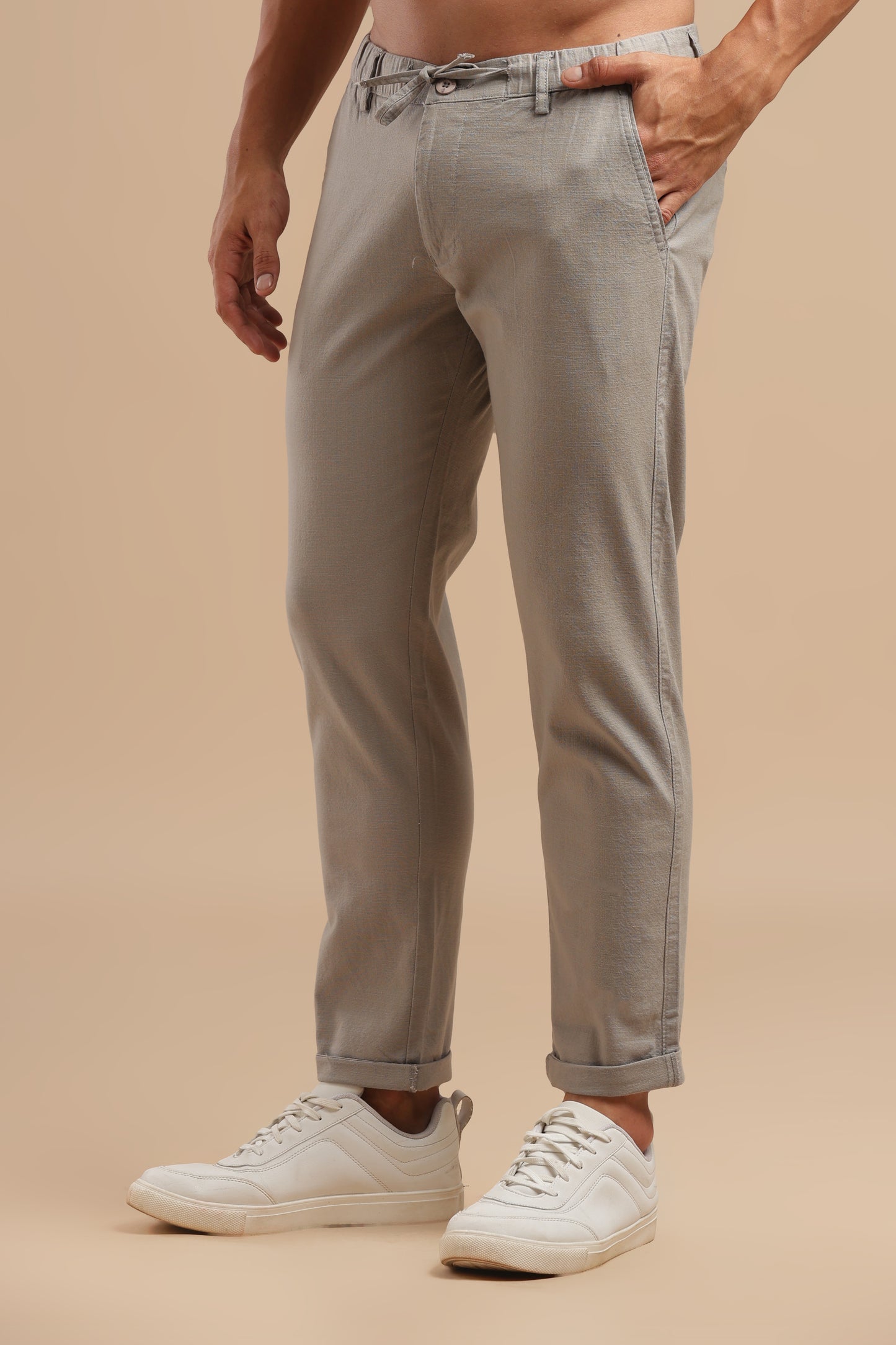 Light Grey Cotton Linen Straight Fit Trouser