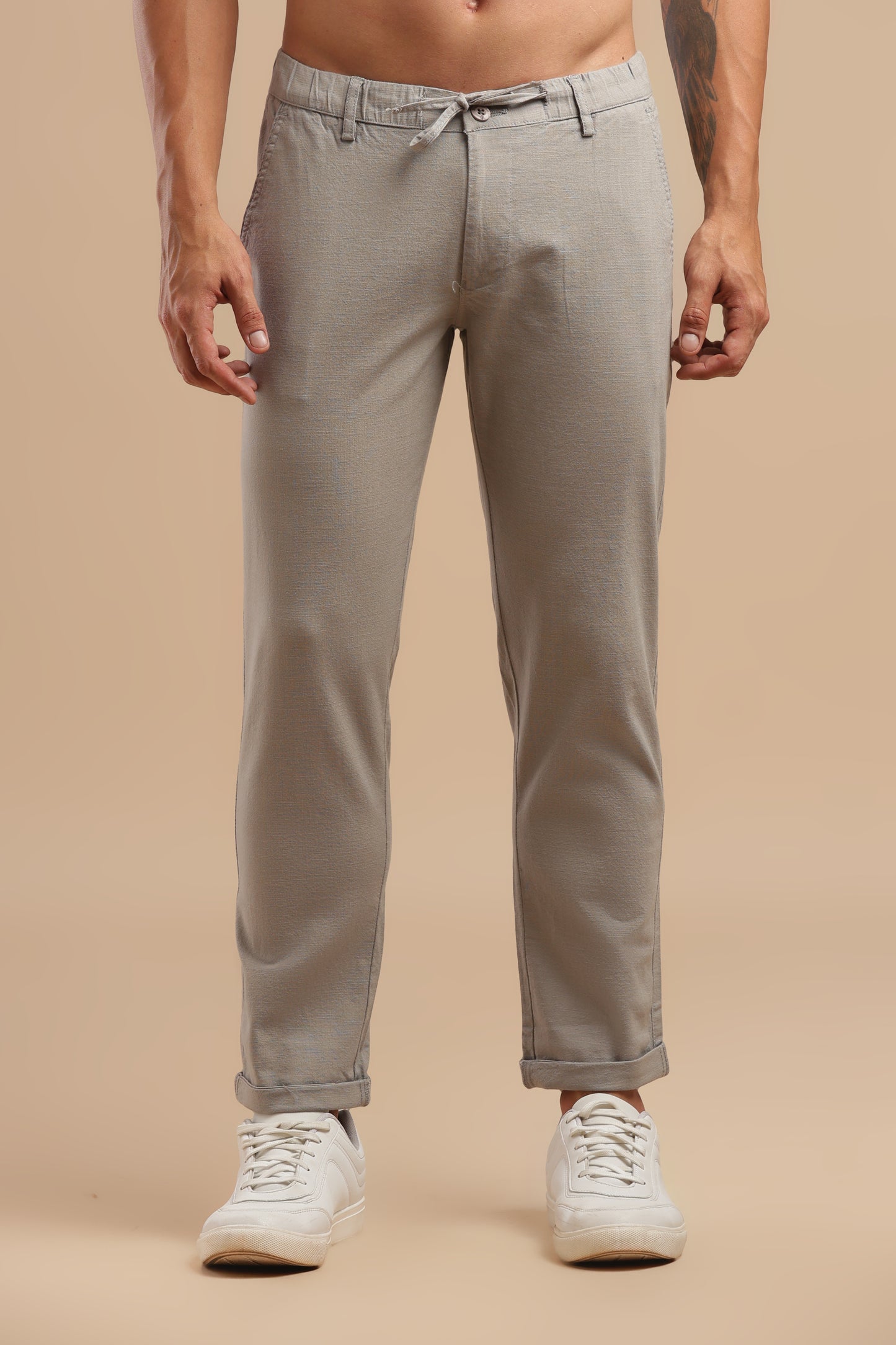 Light Grey Cotton Linen Straight Fit Trouser