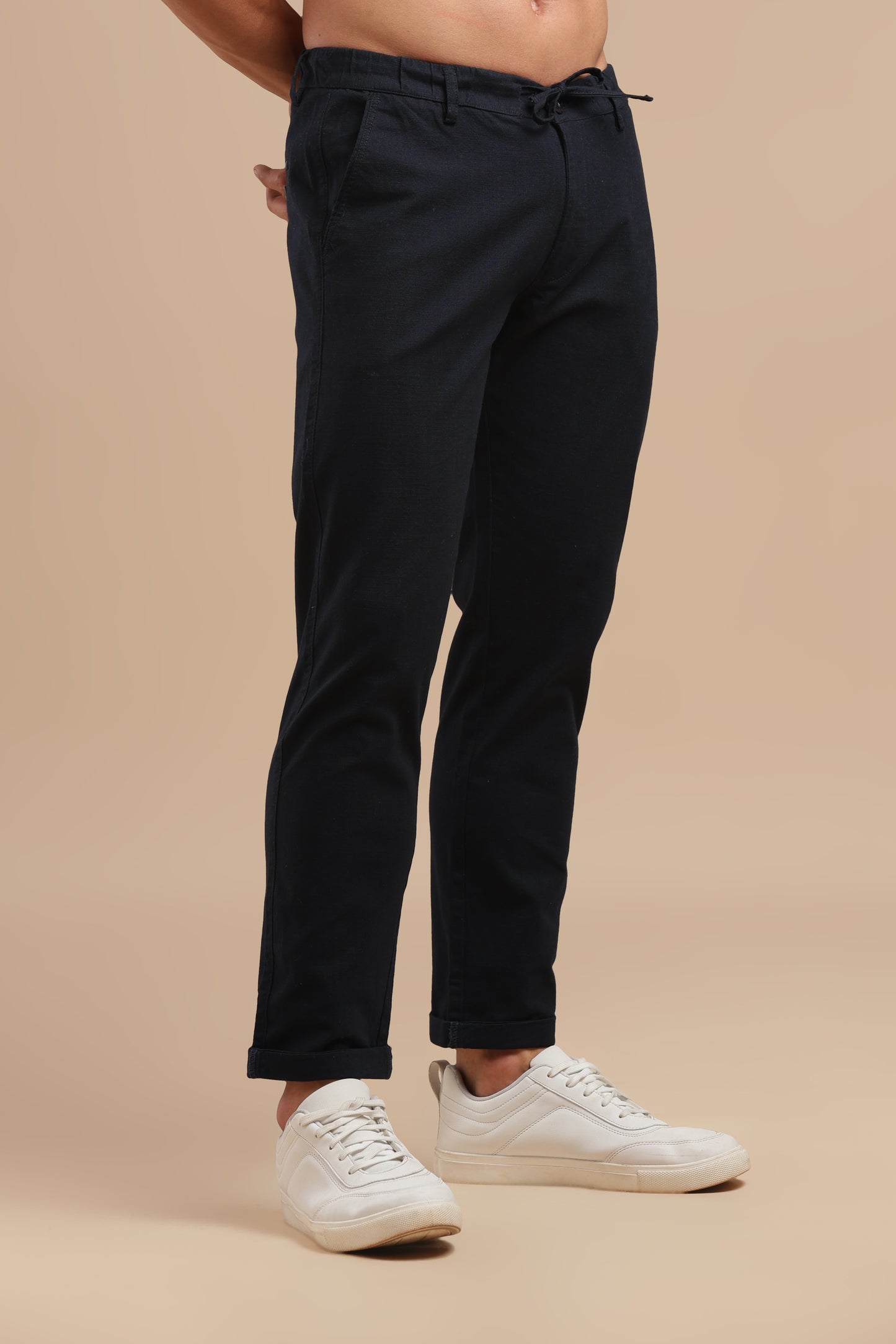 Navy Cotton Linen Straight Fit Trouser