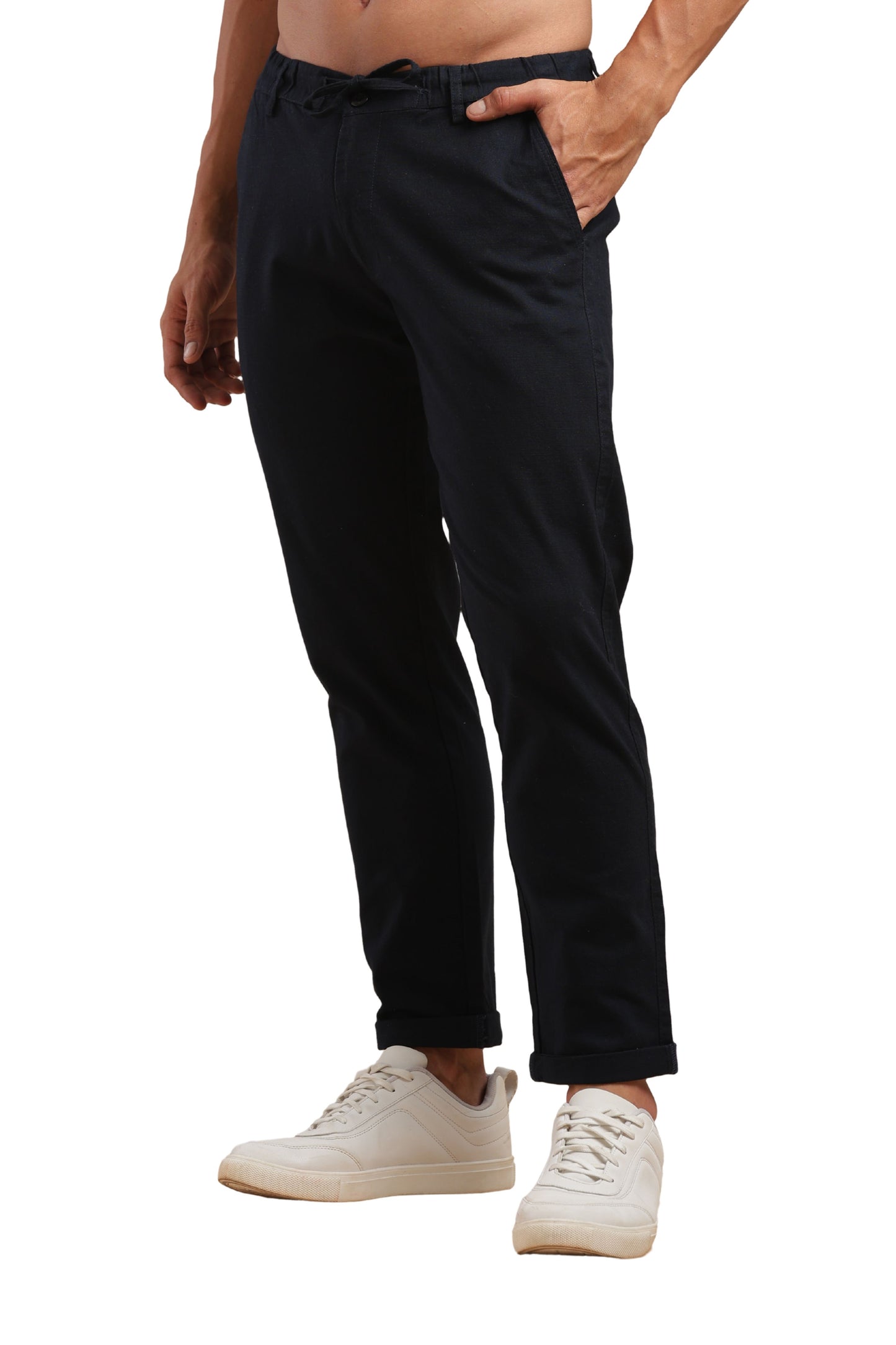 Navy Cotton Linen Straight Fit Trouser