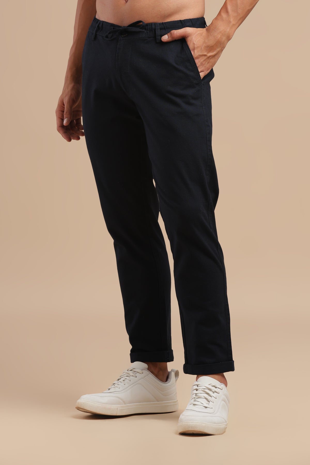 Navy Cotton Linen Straight Fit Trouser