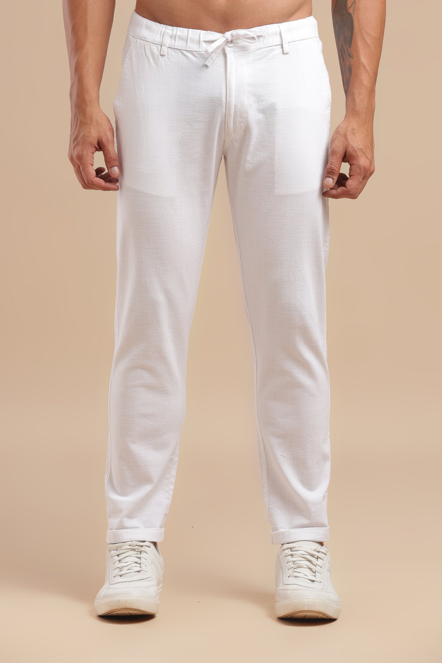 White Cotton Linen Straight Fit Trouser
