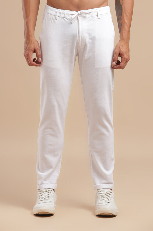 White Cotton Linen Straight Fit Trouser