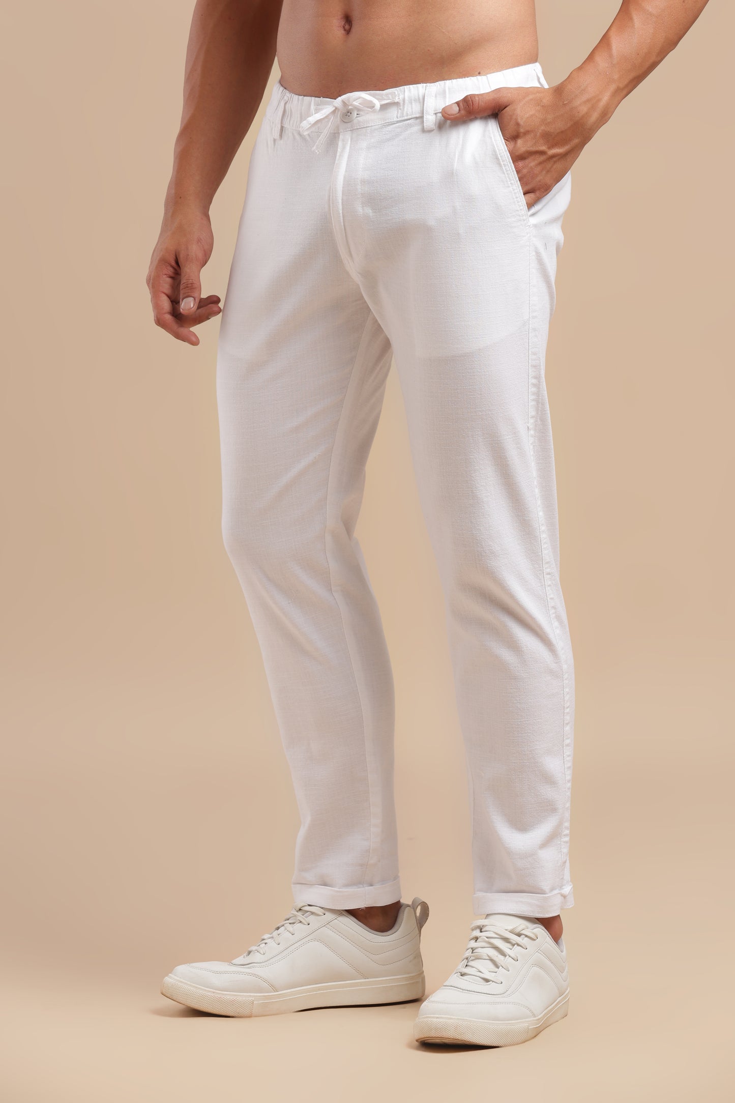 White Cotton Linen Straight Fit Trouser