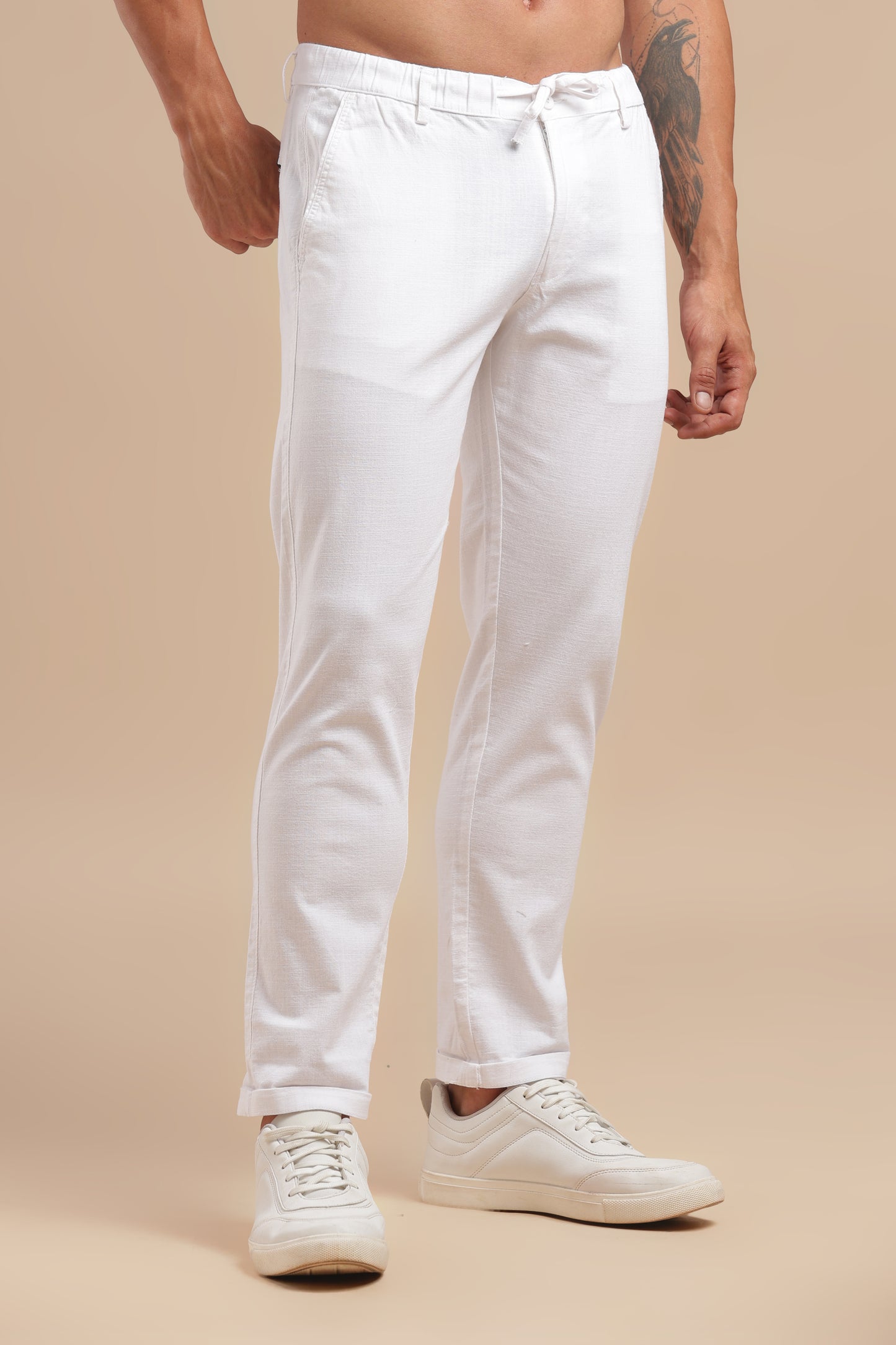 White Cotton Linen Straight Fit Trouser