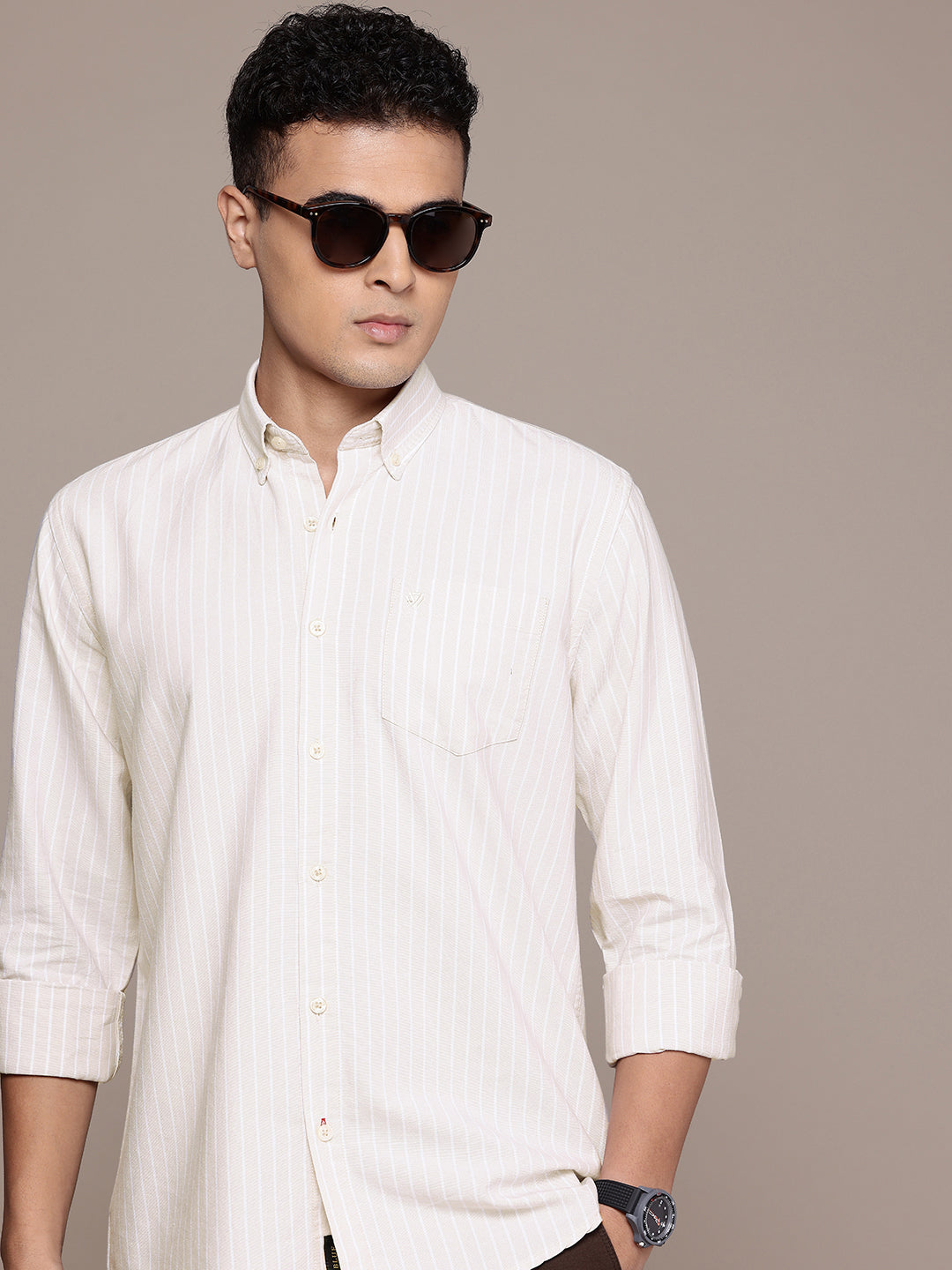 Beige Full Sleeve Chambray Cotton Shirt