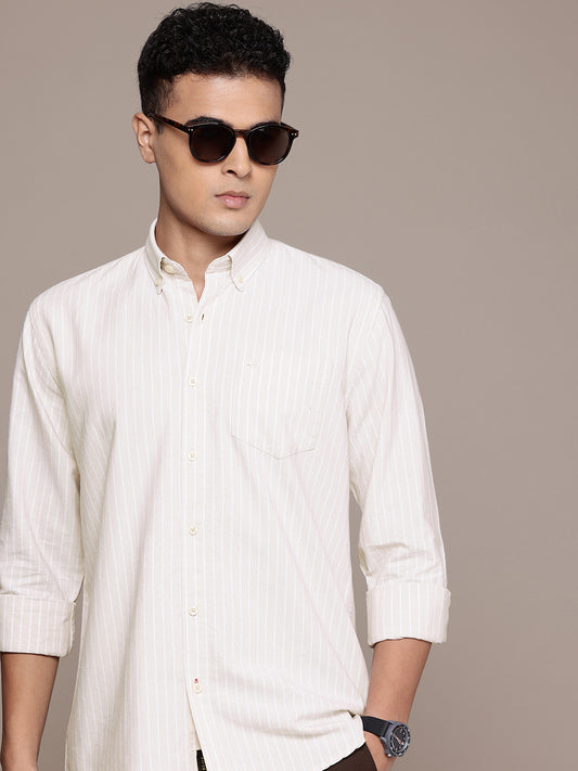 Beige Full Sleeve Chambray Cotton Shirt