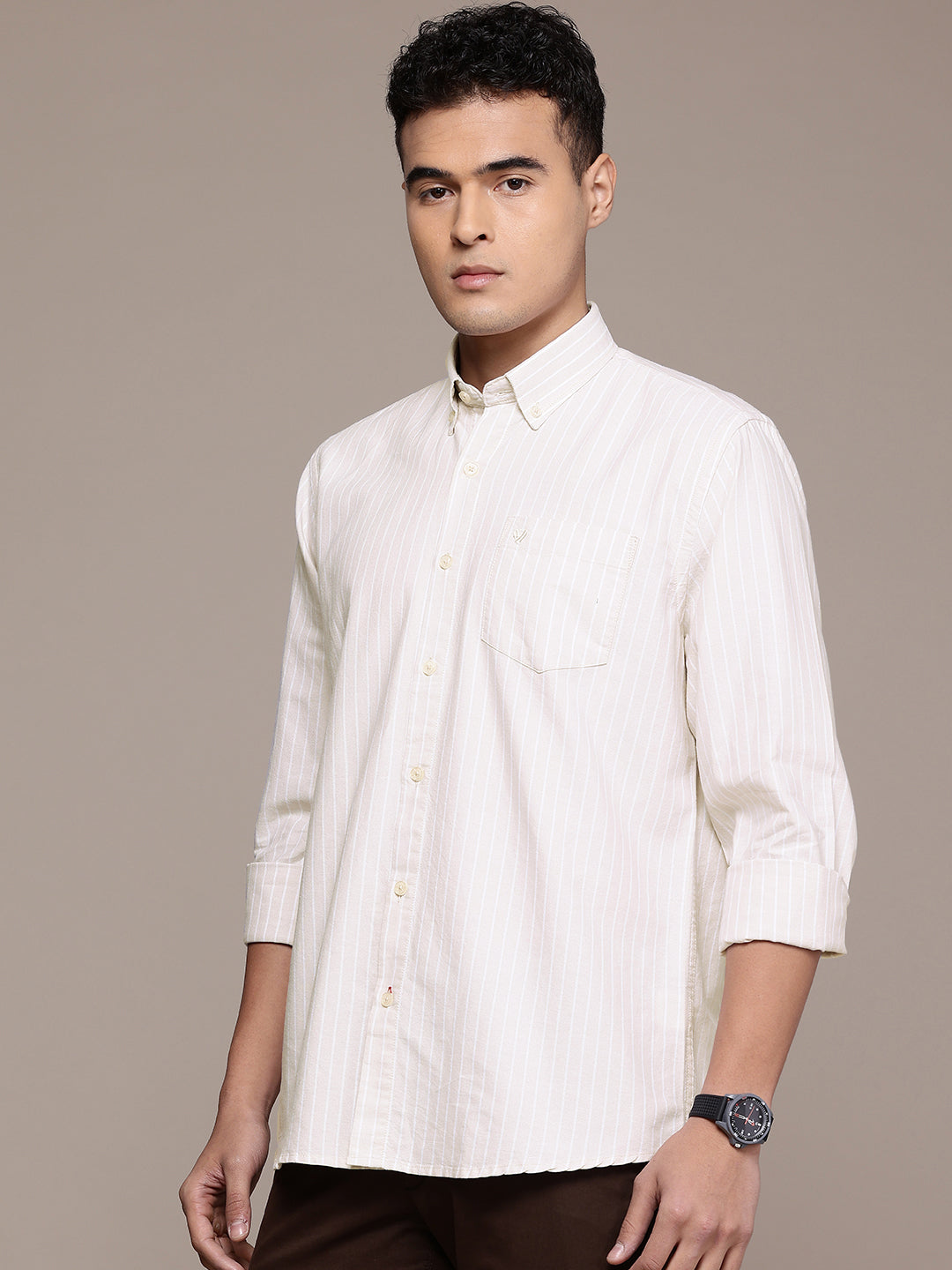 Beige Full Sleeve Chambray Cotton Shirt