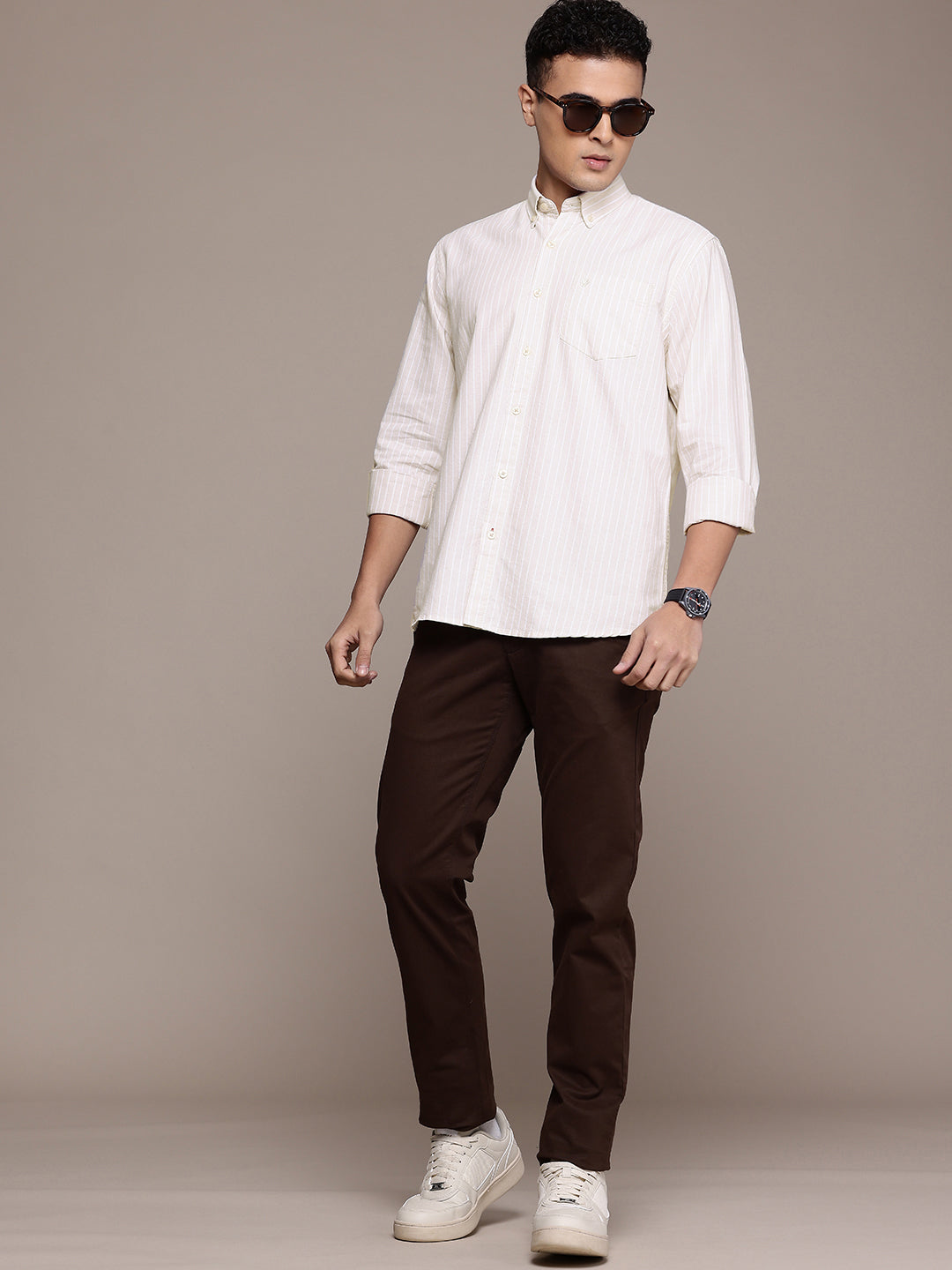 Beige Full Sleeve Chambray Cotton Shirt