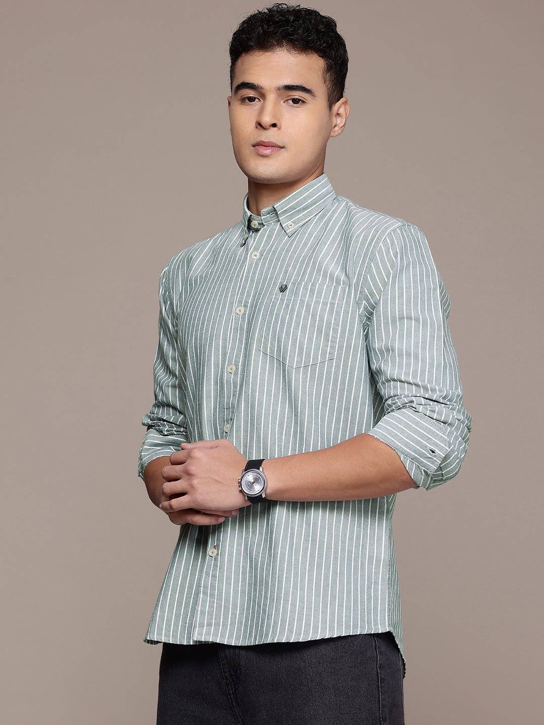 Green Full Sleeve Chambray Cotton Shirt