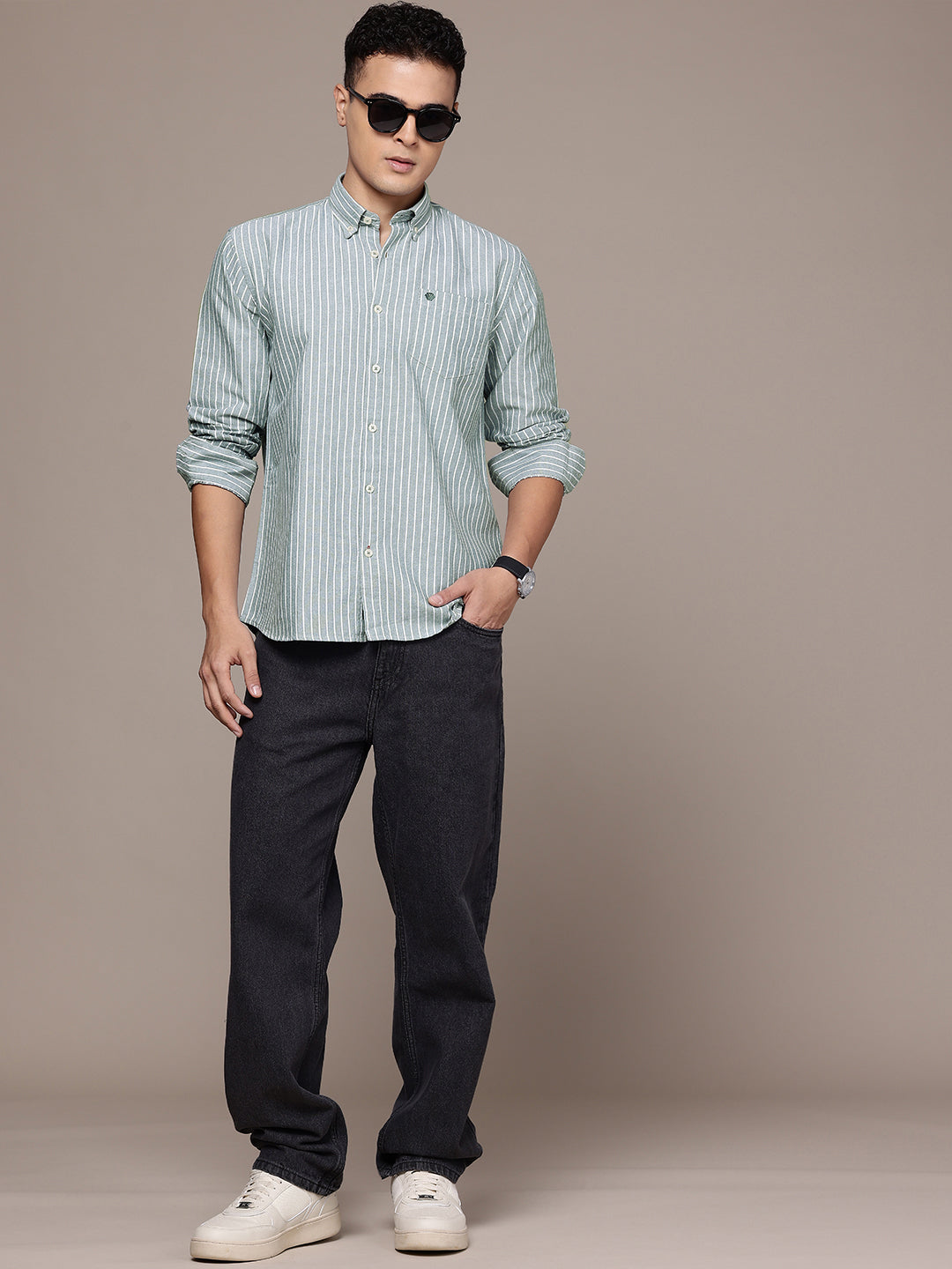 Green Full Sleeve Chambray Cotton Shirt