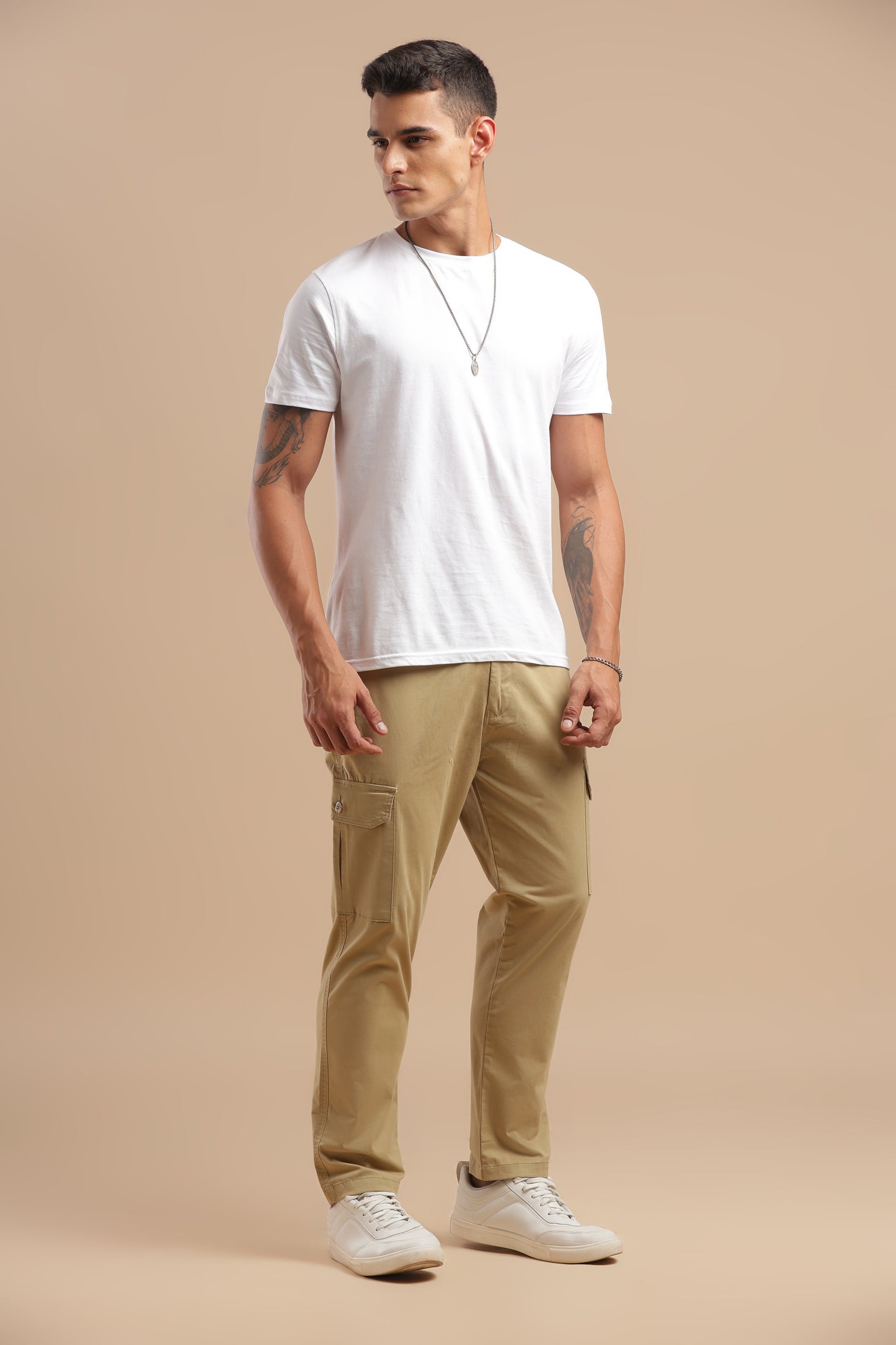 Beige Cotton Straight Fit Cargo