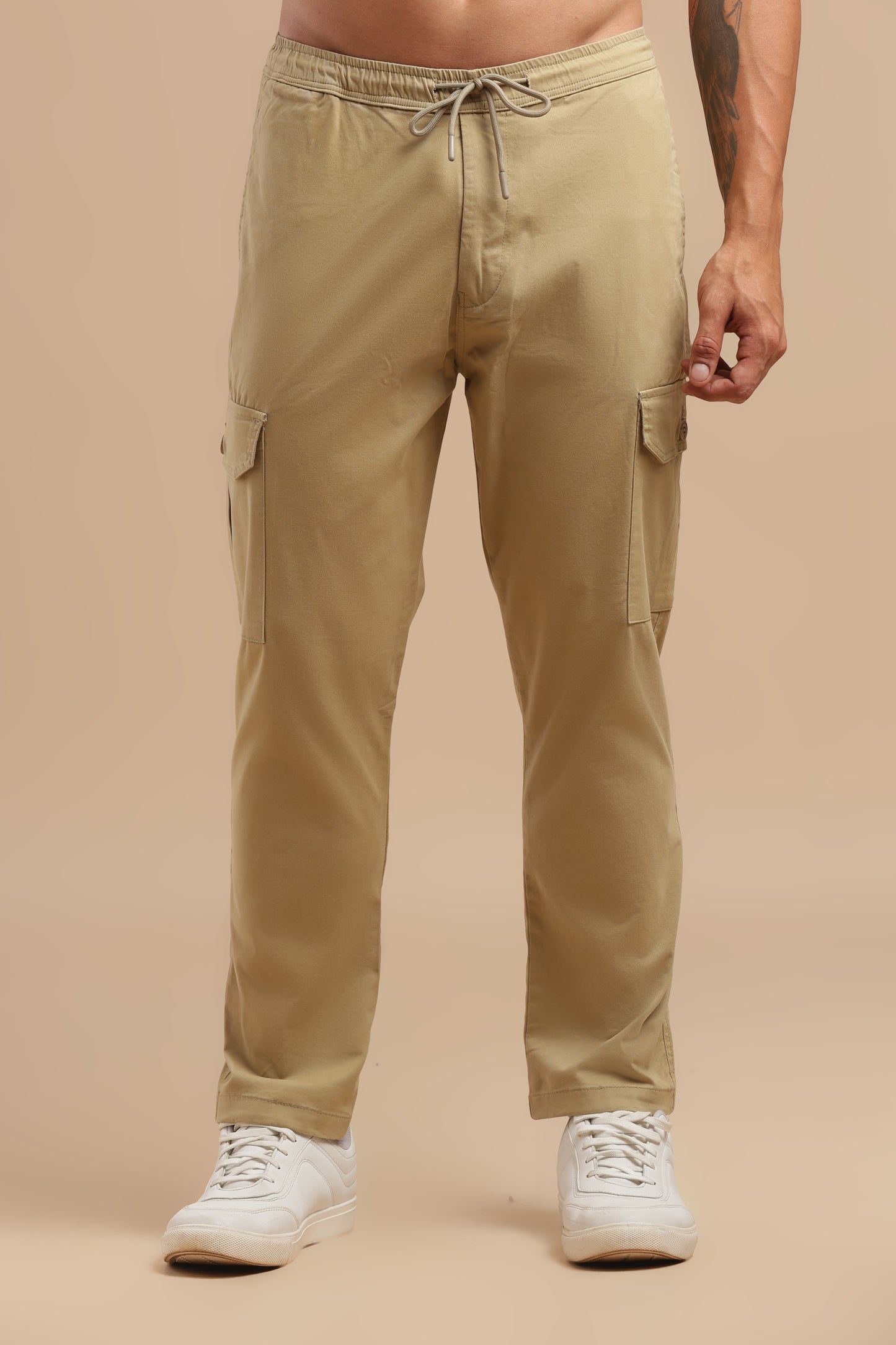 Beige Cotton Straight Fit Cargo