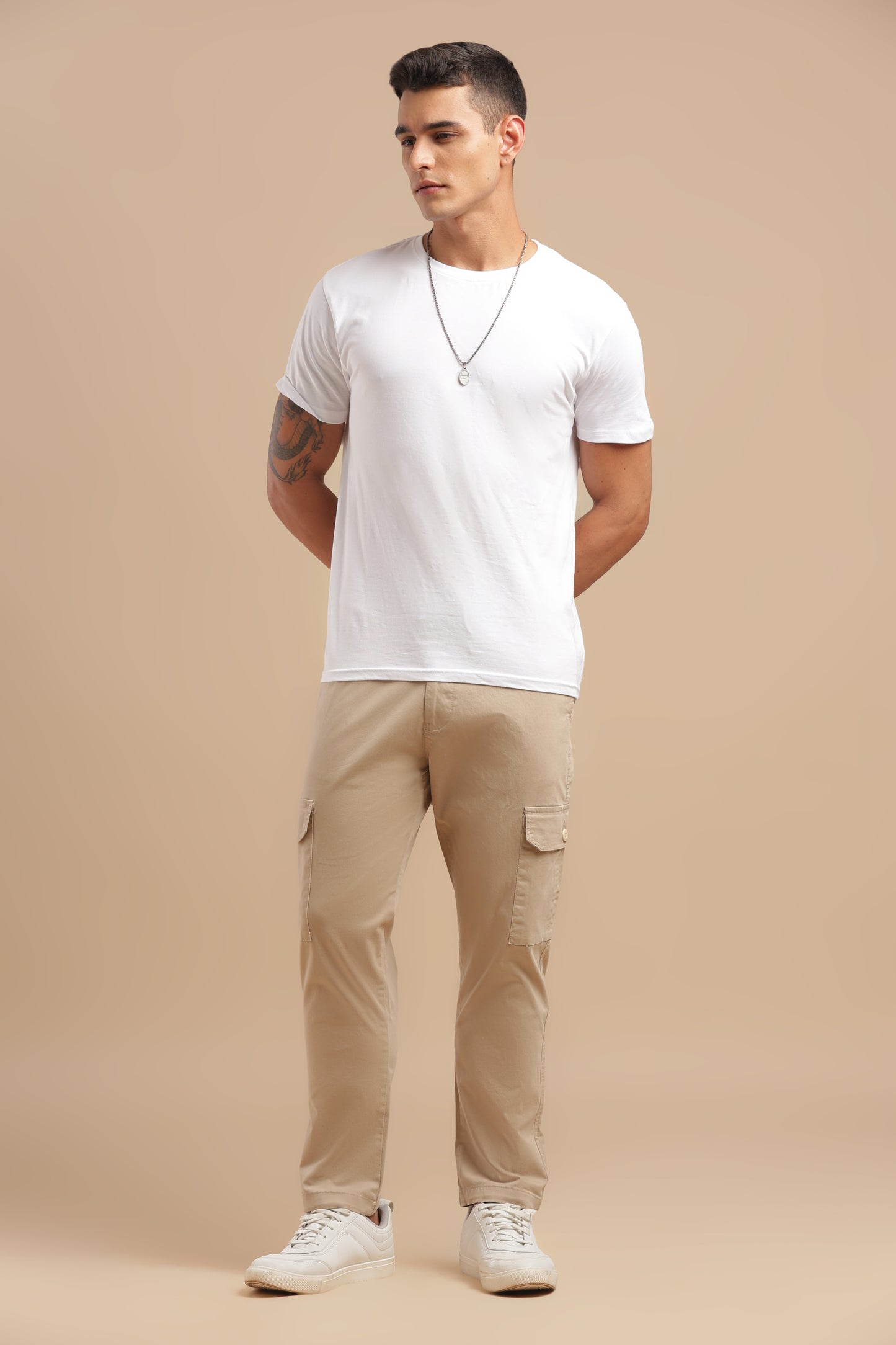 Cream Cotton Straight Fit Cargo