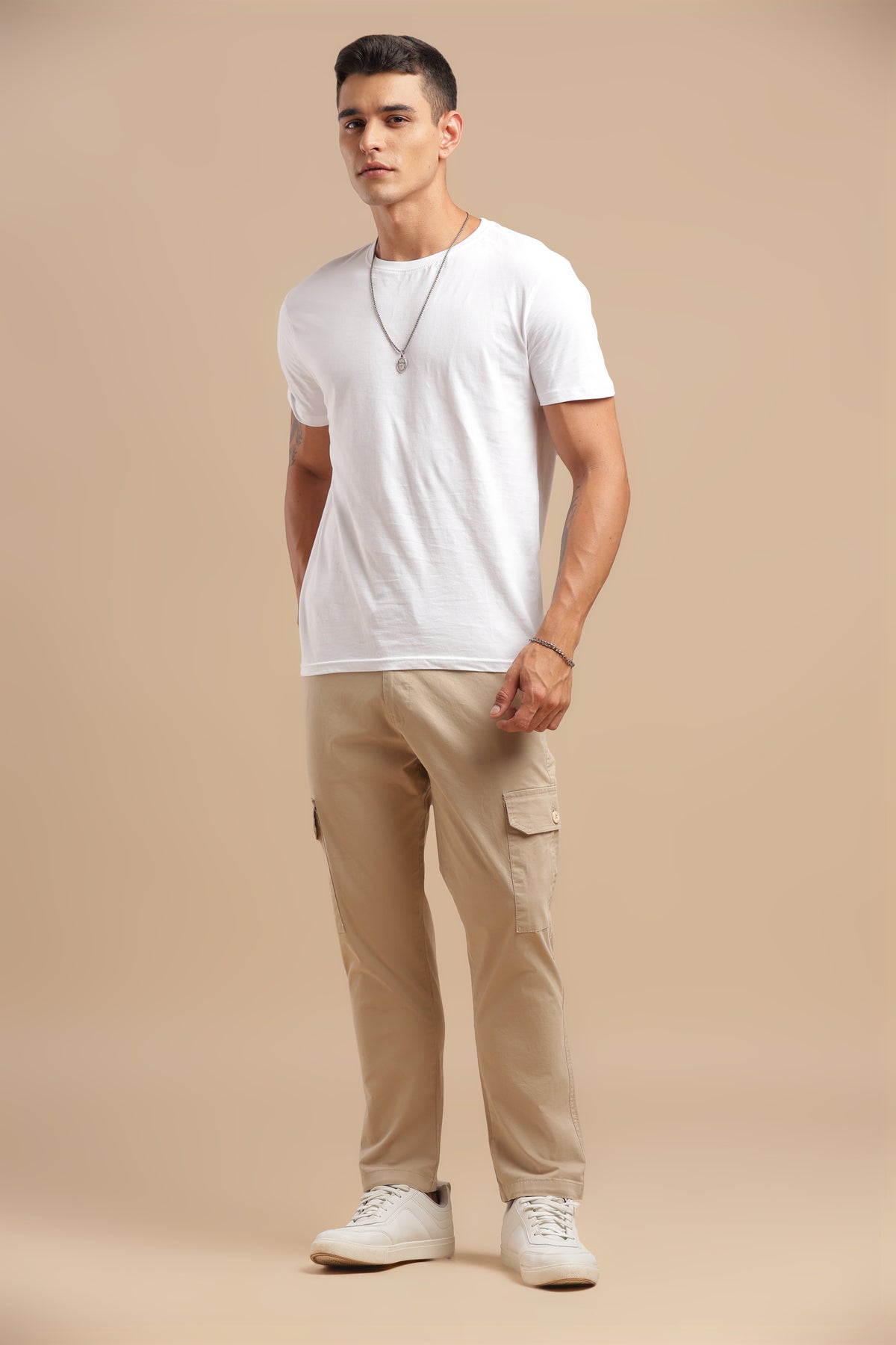 Cream Cotton Straight Fit Cargo