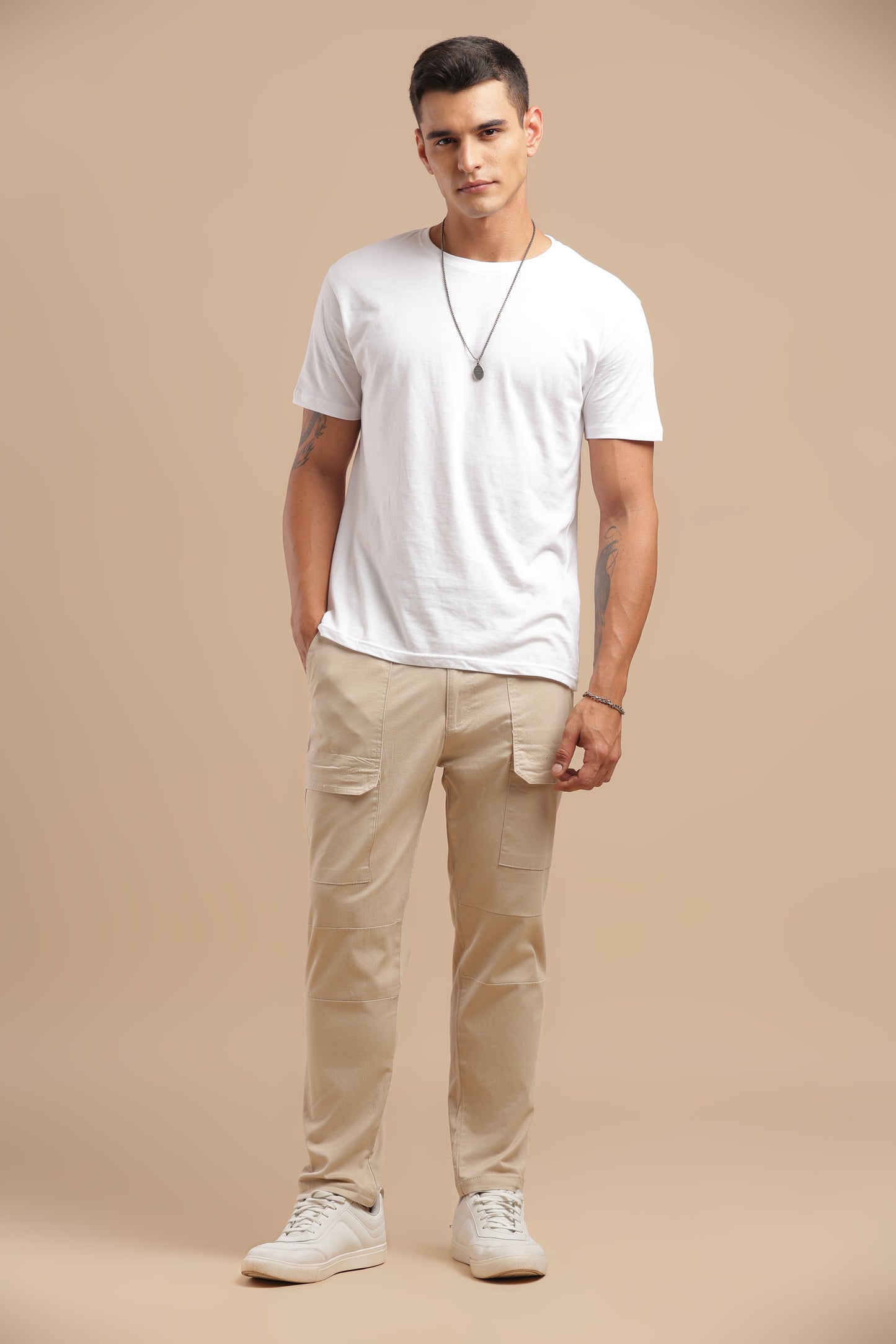Beige Cotton Straight Fit Utility Cargo