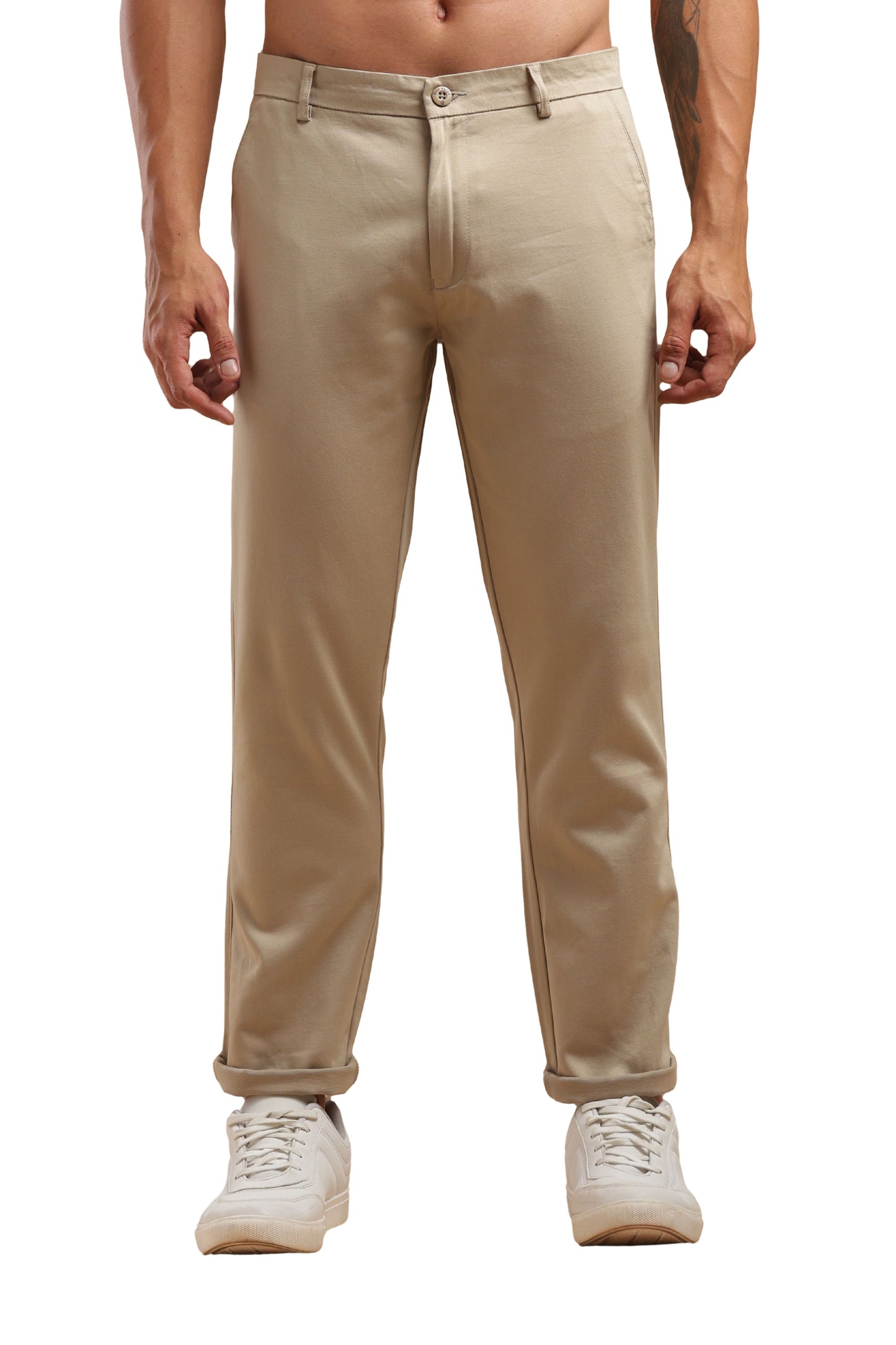 Cream Cotton Straight Fit Chinos