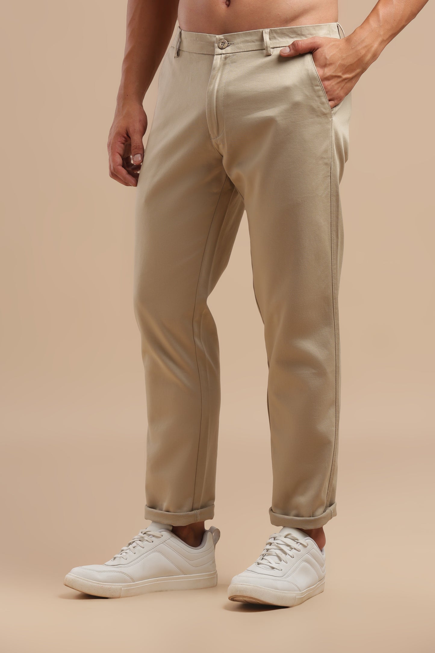 Cream Cotton Straight Fit Chinos