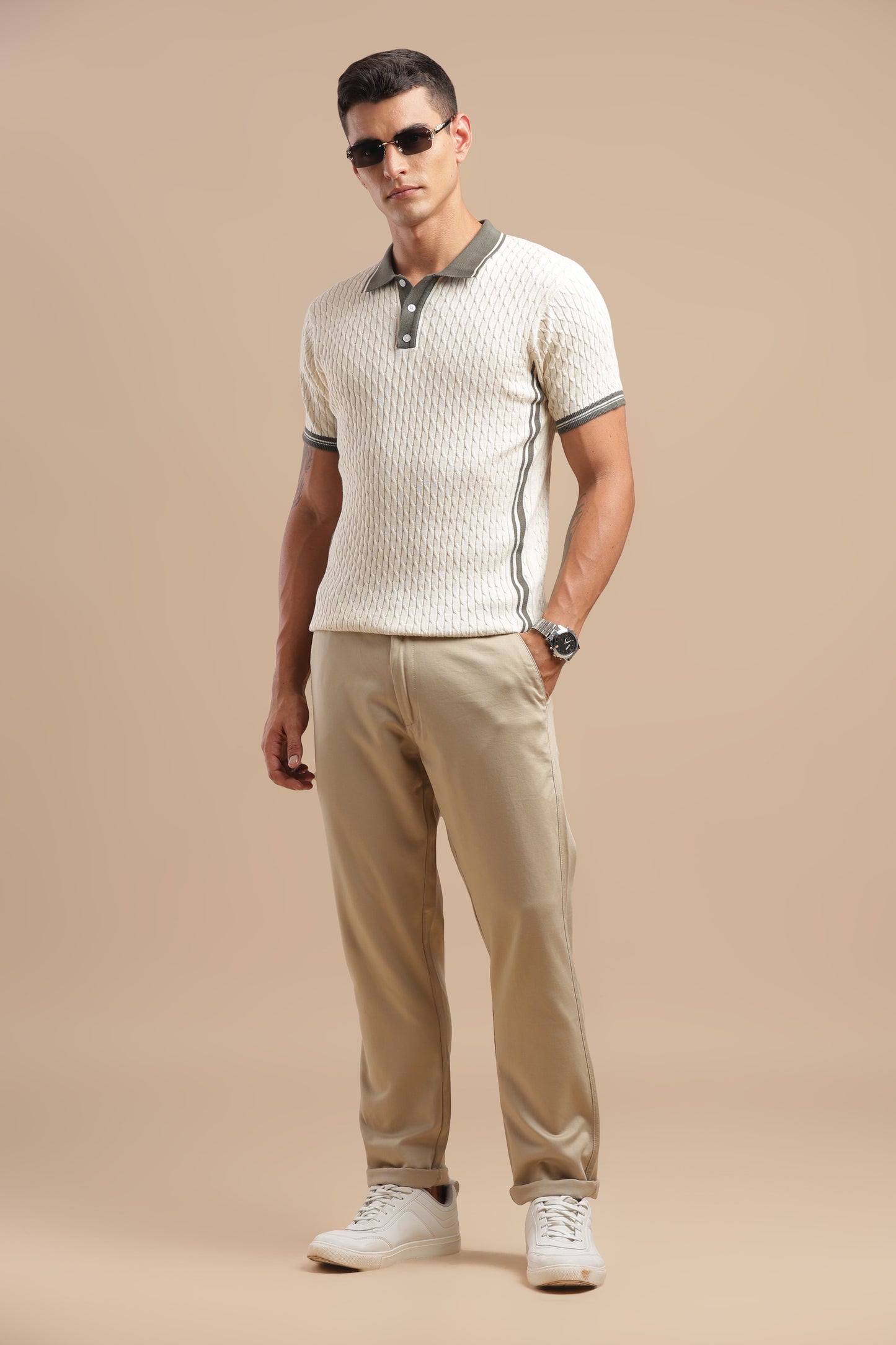Cream Cotton Straight Fit Chinos