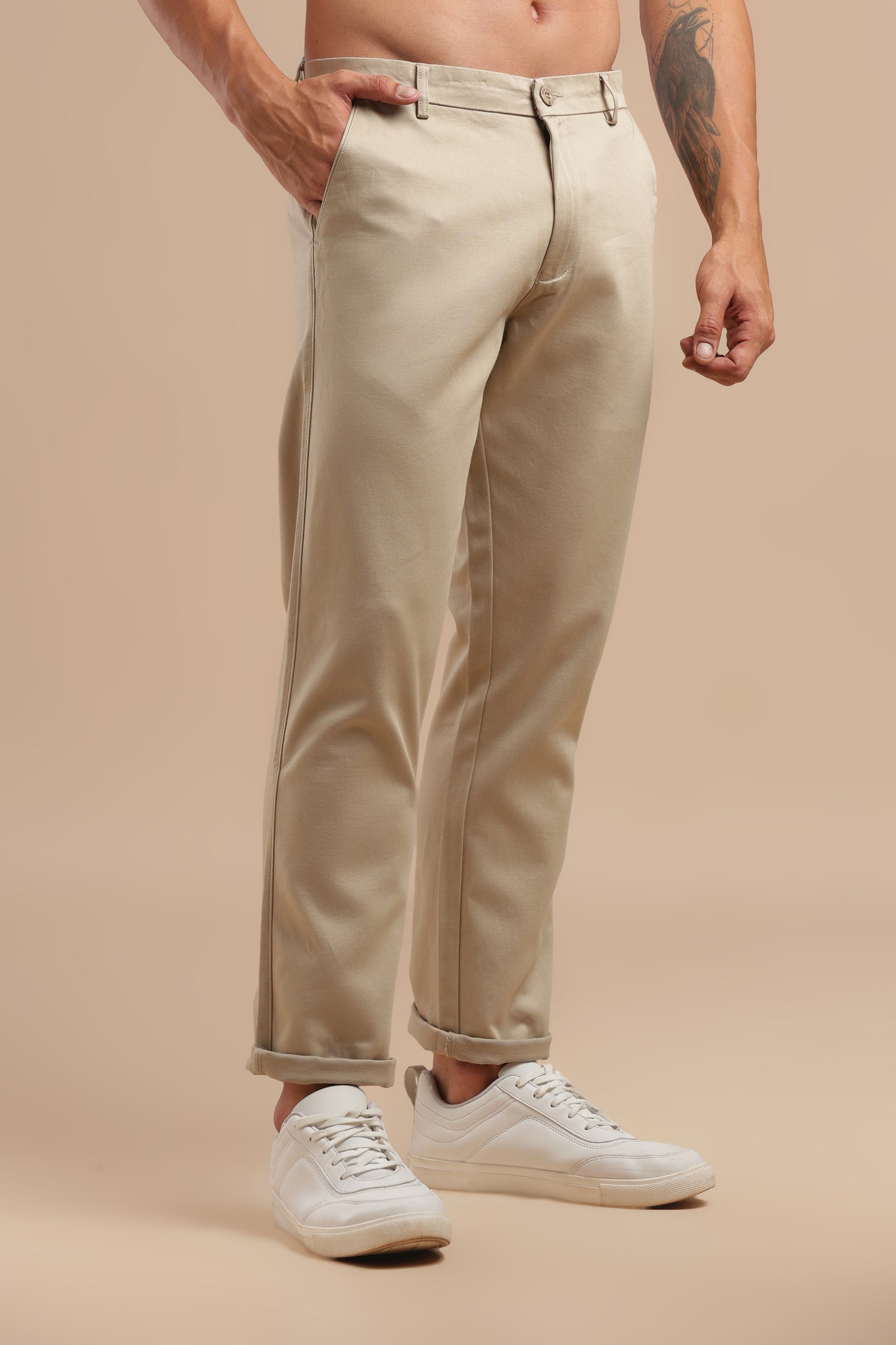 Cream Cotton Straight Fit Chinos