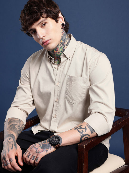 Beige Full Sleeve Pure Cotton Shirt