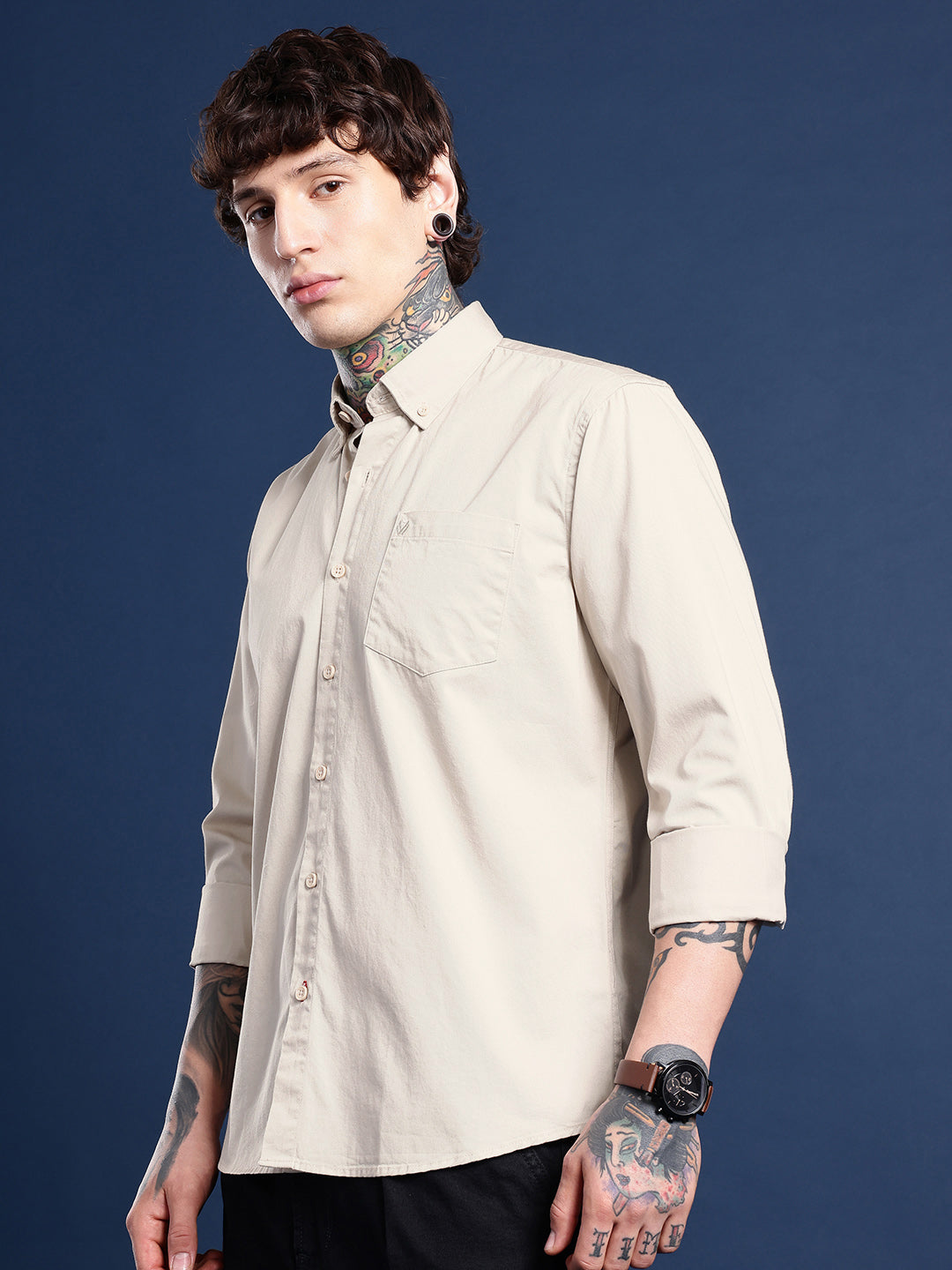 Beige Full Sleeve Pure Cotton Shirt